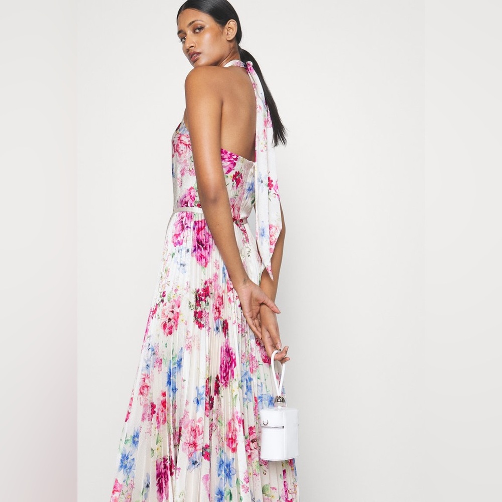 ML Monique Lhuillier Floral Hammered Satin Midi Dress - Picture 2 of 9